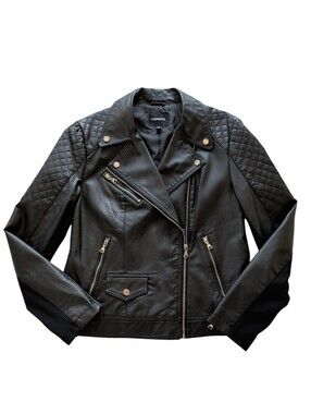 NWOT Express Faux Leather Asymmetrical Moto Jacket LARGE Black Pockets Quilted